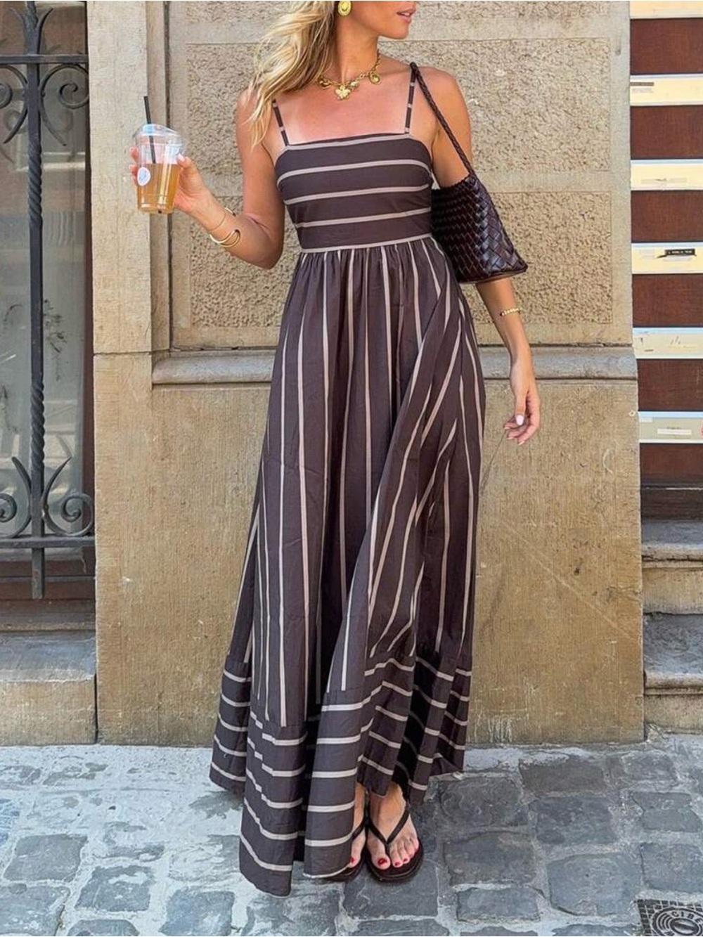 Striped Brown Maxi Sundress with Spaghetti Straps